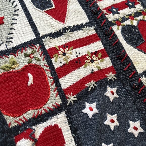 VTG Heirloom Collectibles Women Red White Blue Applique Embroidered Cardigan L - Picture 2 of 6